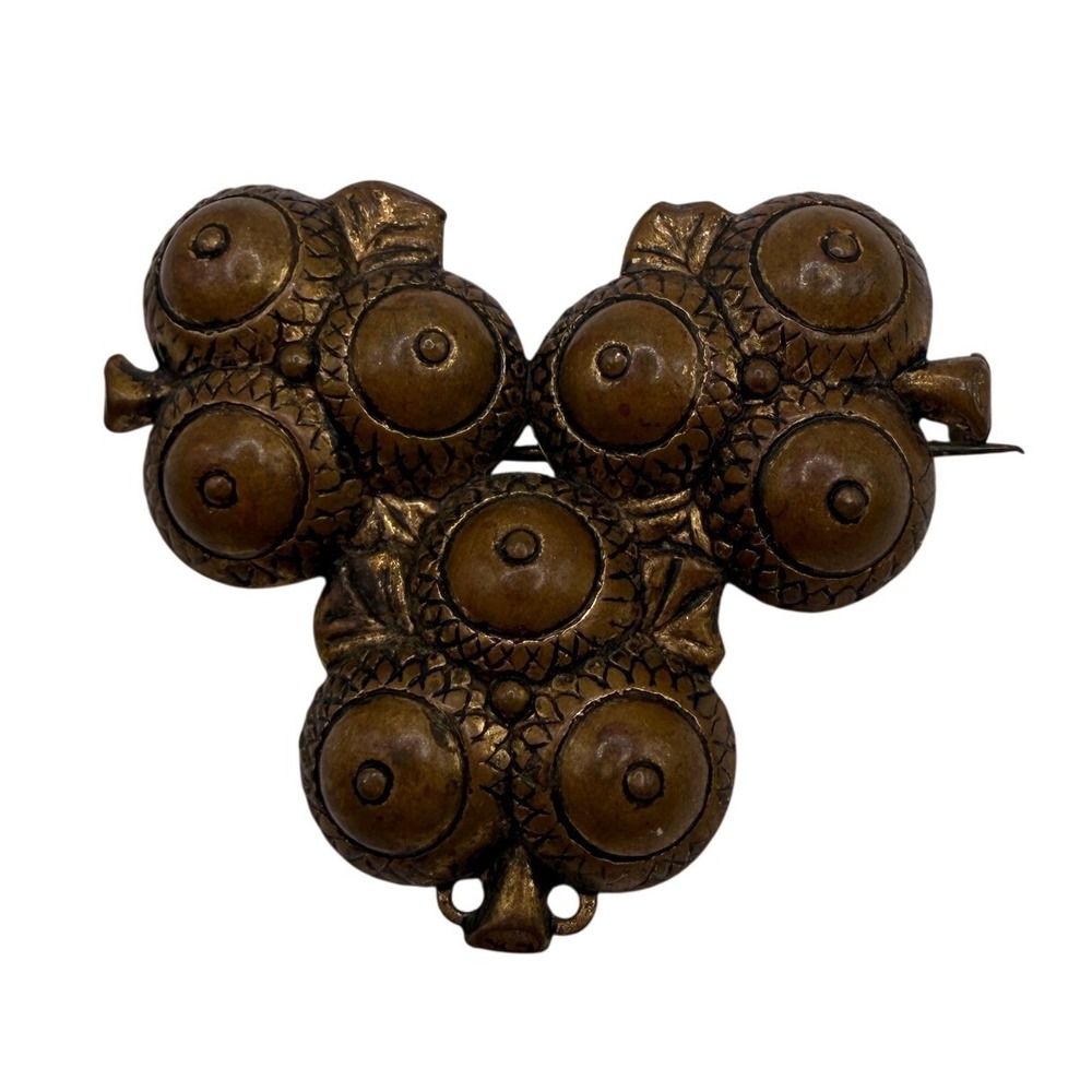 Vintage Brass Etruscan Revival Trefoil Brooch Sculptural Statement Pin Gold Tone